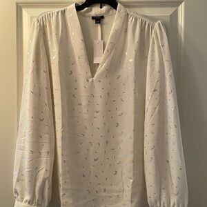 Ann Taylor Cream Blouse with Silver Foil Leaf Print